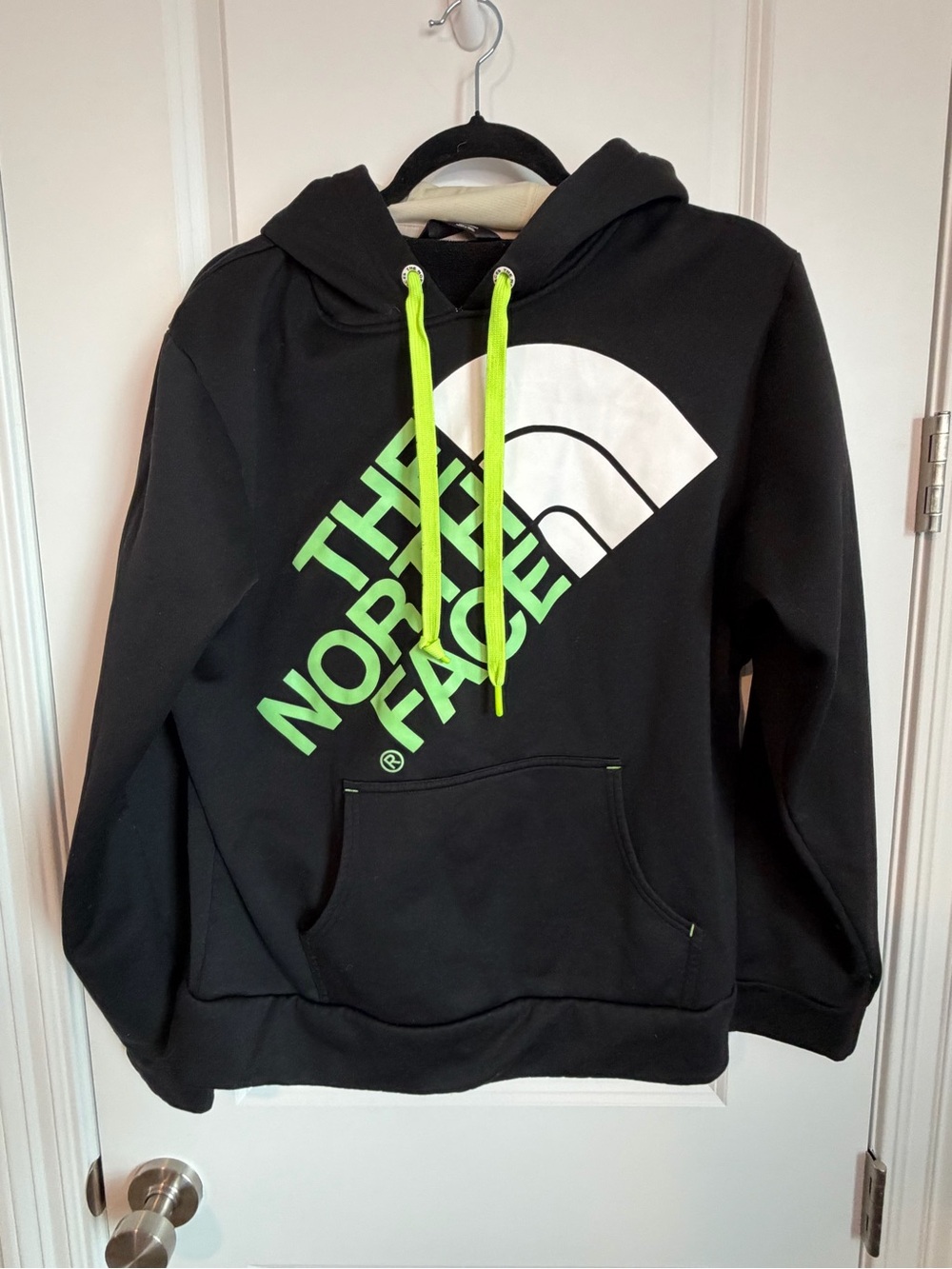 The North Face Men’s Black Hoodie with Neon Green Logo and Drawcords